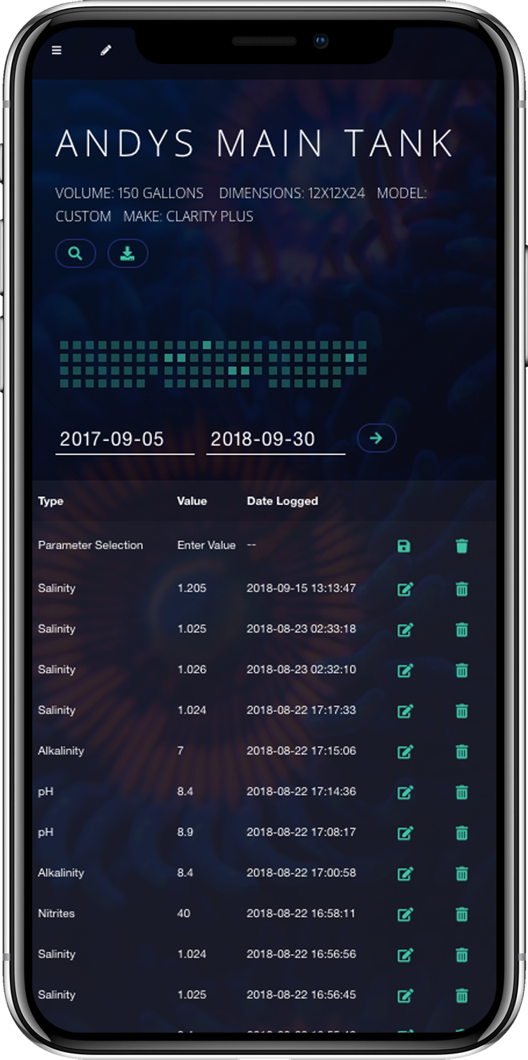 TankTracker parameter log screen